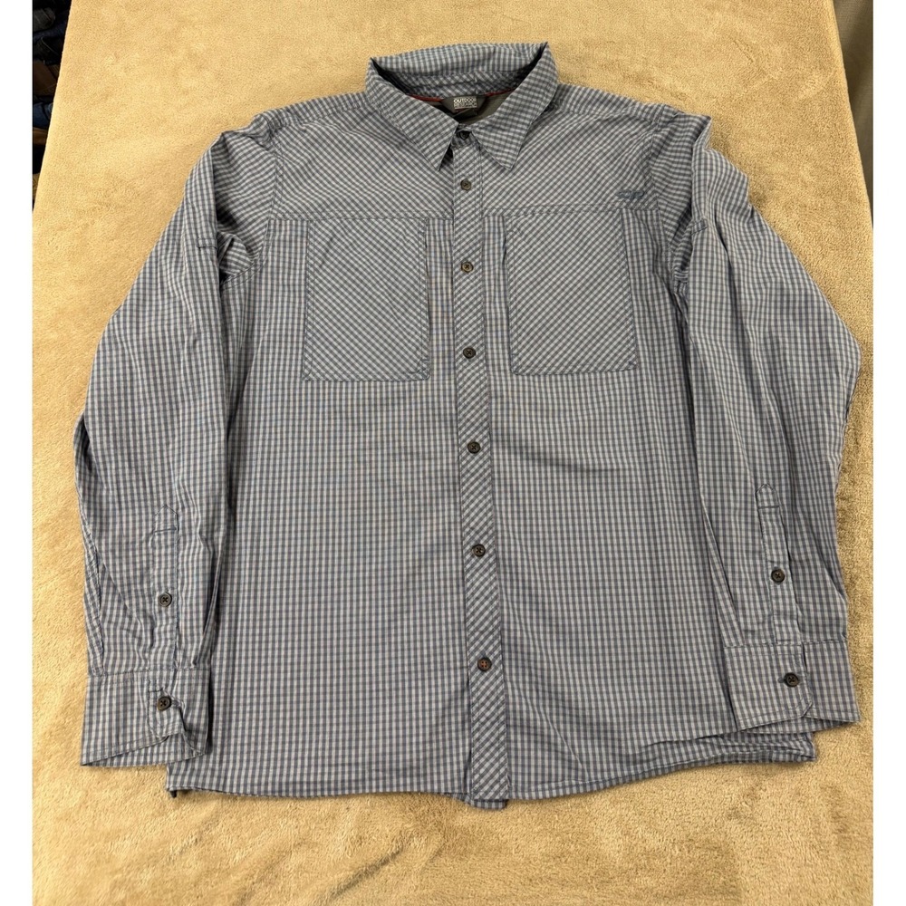 Outdoor Research Baja Sun Shirt mens  L Blue Plaid Long sleeve Hiking EUC
